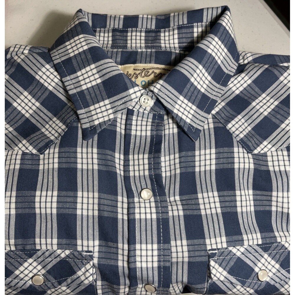 Western Aloha Palaka Pearl Snap Shirt Blue Plaid LS Pockets Rodeo Ladies Small